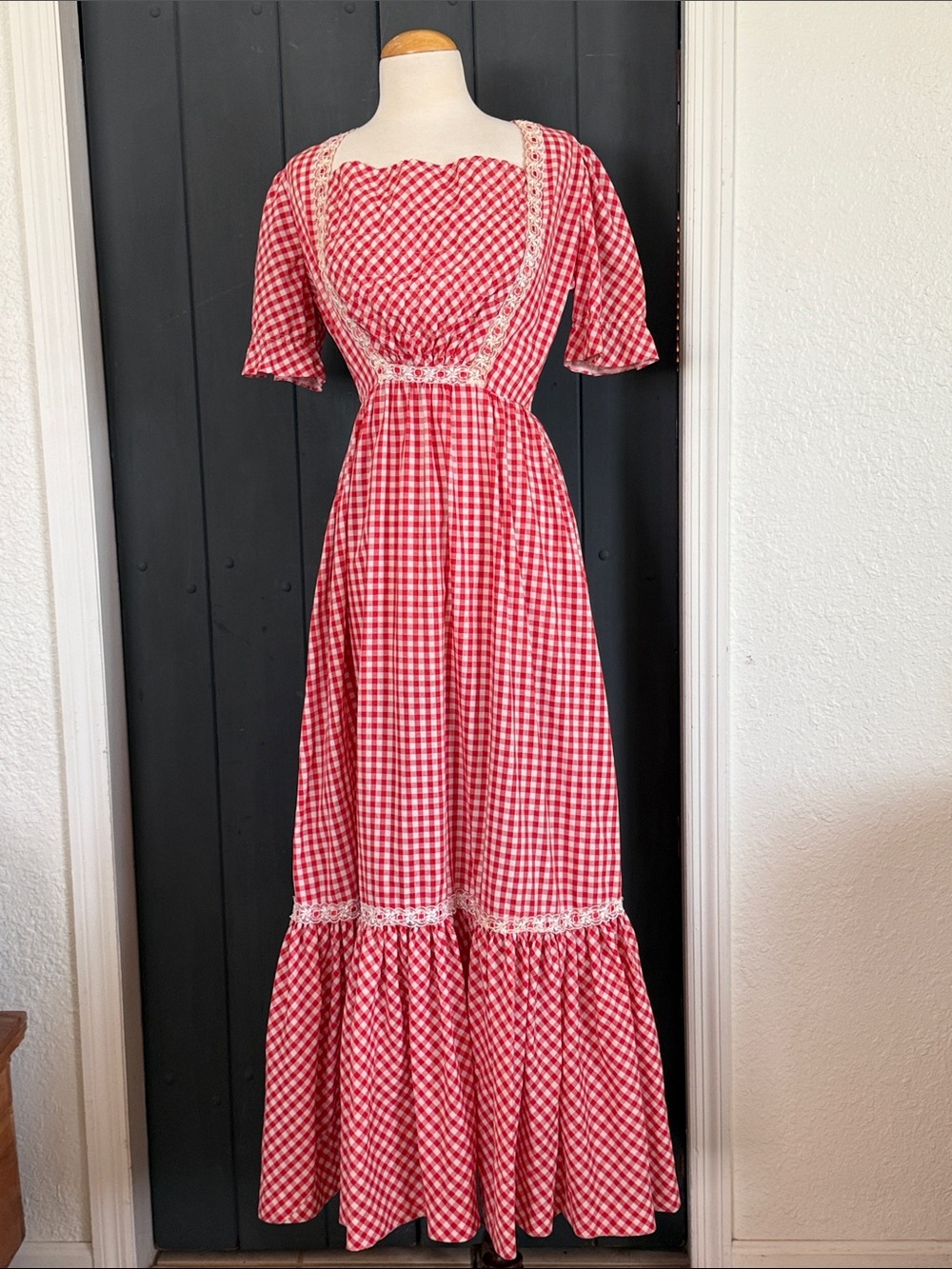 Vintage Red Gingham Maxi Dress with Lace Trim